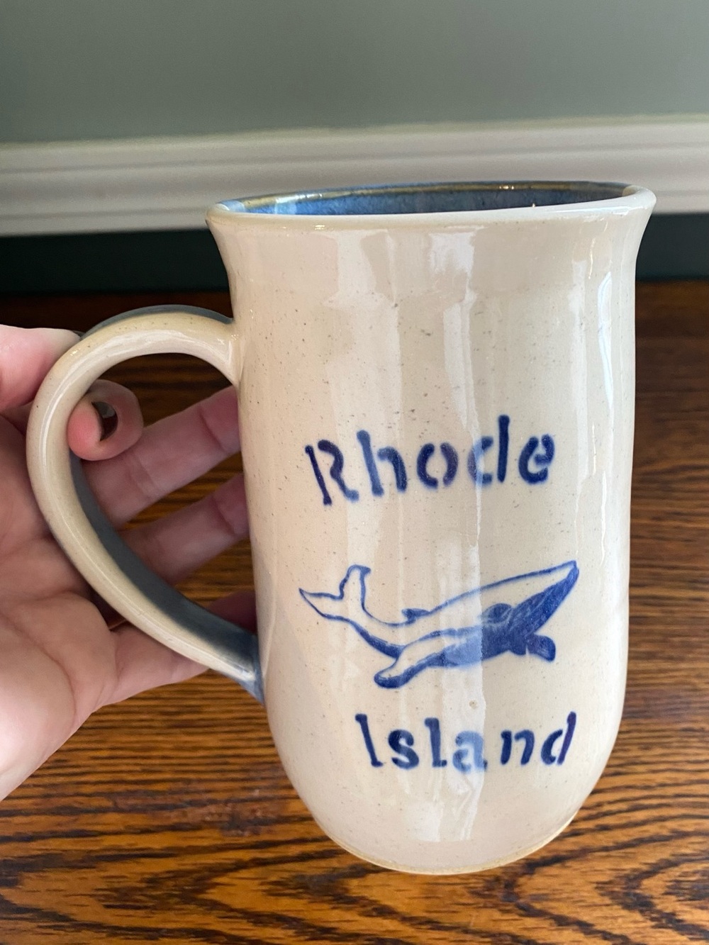 Vintage Large Studio Pottery Blue Beige Rhode Island Whale Coffee Mug 24 oz